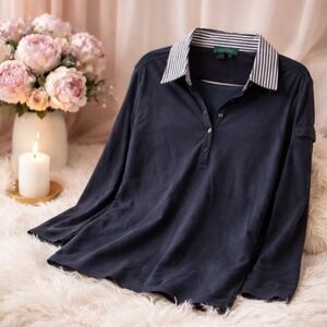 Lauren Ralph Lauren L Black‎ Long Sleeve Polo Shirt Striped Collar Womens Goth